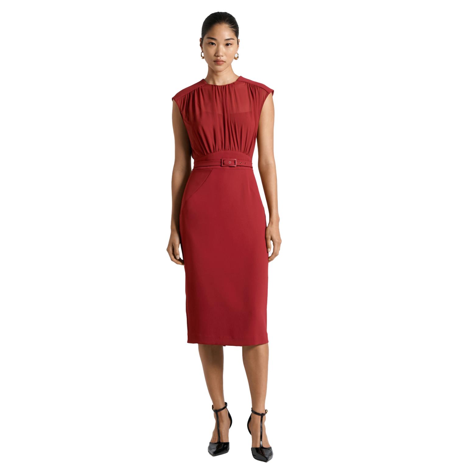 Cue Crimson Gathered Blouson Pencil Dress